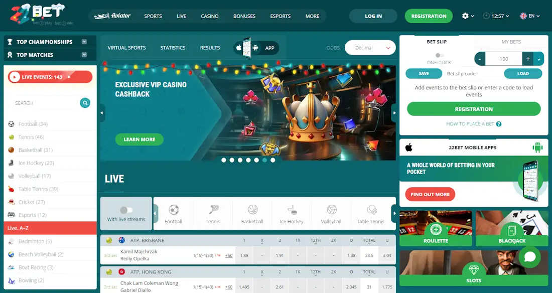 22BET Sportsbook and Casino Screenshot